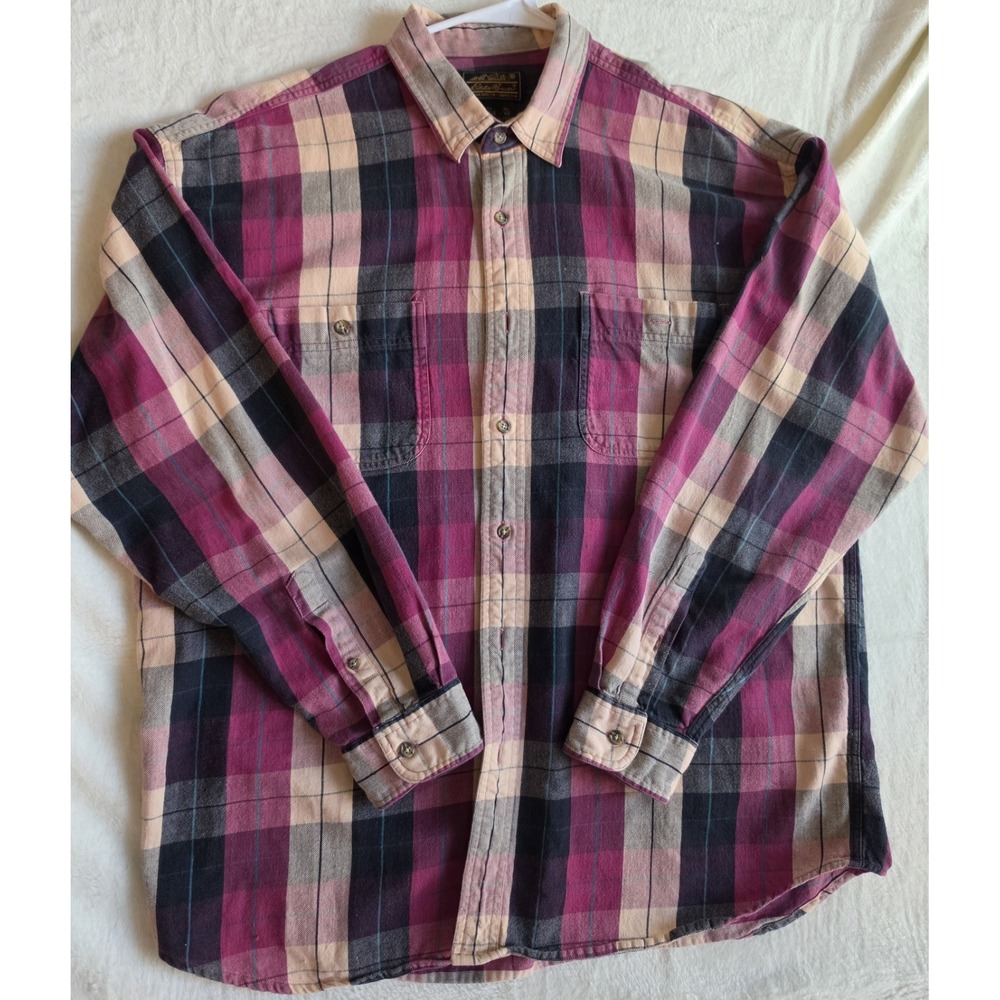 Eddie Bauer Mens XL Plaid Button Up Shirt Pink Burgundy Navy Cotton Outdoor